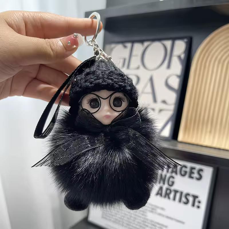 Cute Big Eyed Doll Pompom Keychain Fur Bag Pendant for Women Keyring  Accessories