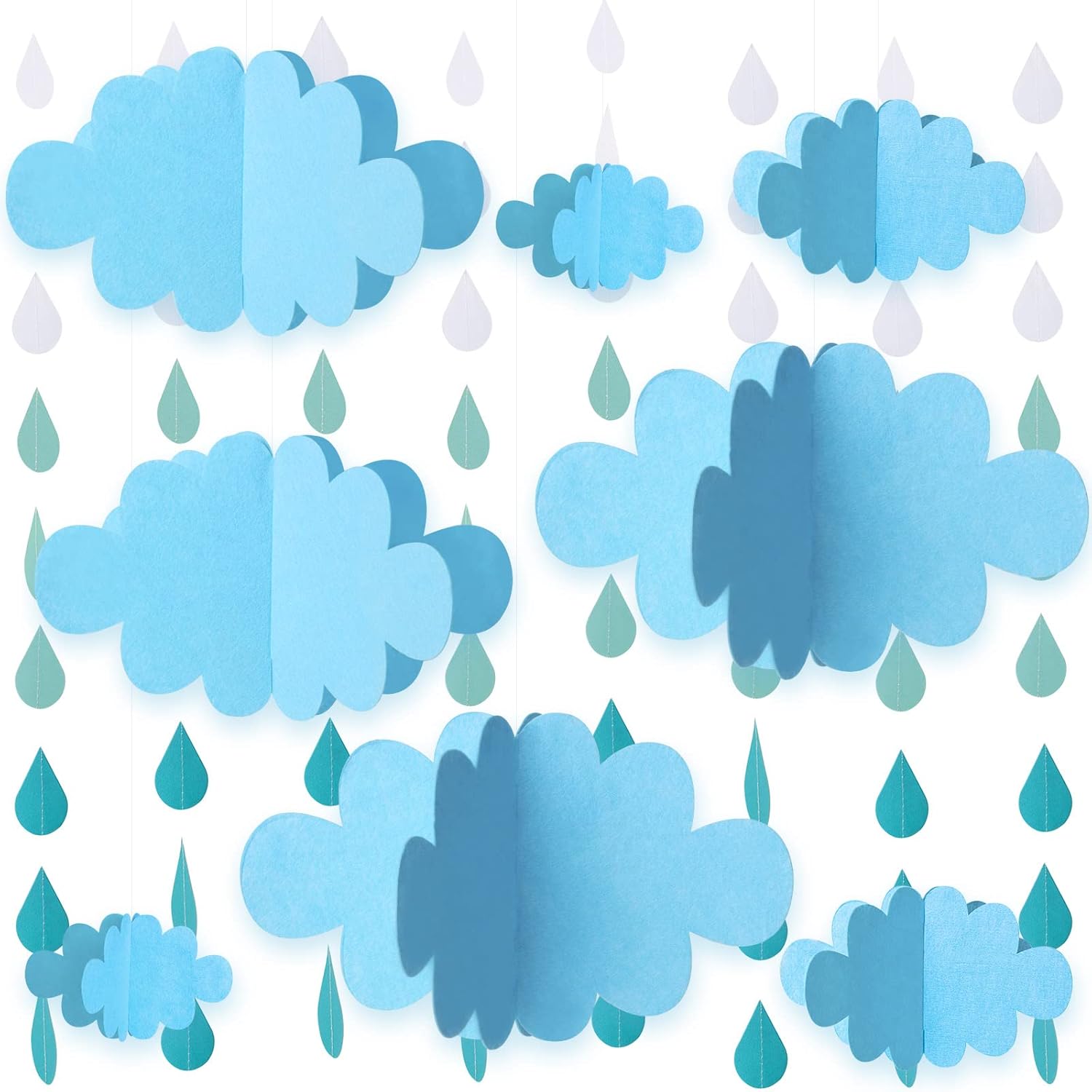 16 PCS 3D Cloud Decoration Blue Hanging Clouds and Raindrop for Cloud Ornaments Hanging Ceiling Decor for Party Nursery Children Room Ceiling Blue Cloud&raindrop