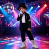 Musician Halloween Costume Set for Kids, Black Sequin Jacket, Trousers, Hat, Gloves, 80s 90s Retro Stage Outfits for Disco Party, Fancy Dress