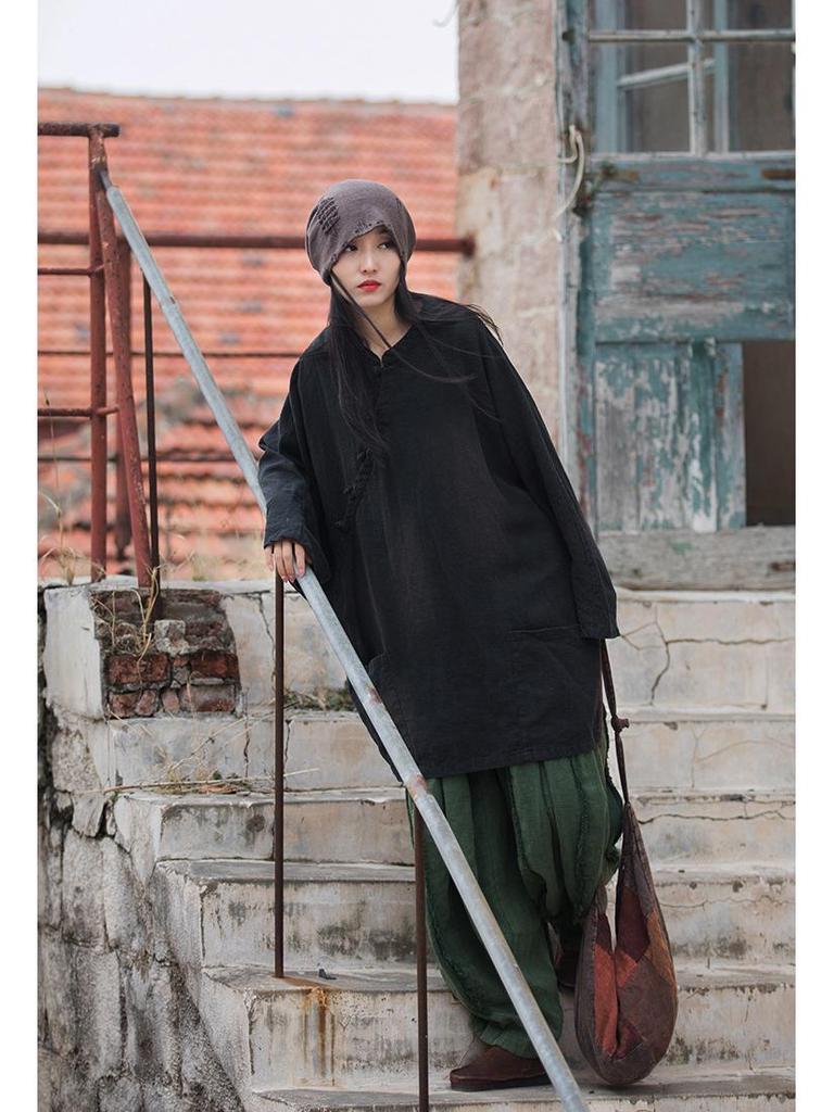 Ramie Cotton Sand-Washed Distressed Women’s Frog Button Top Jacket - Autumn/Winter Chinese Style