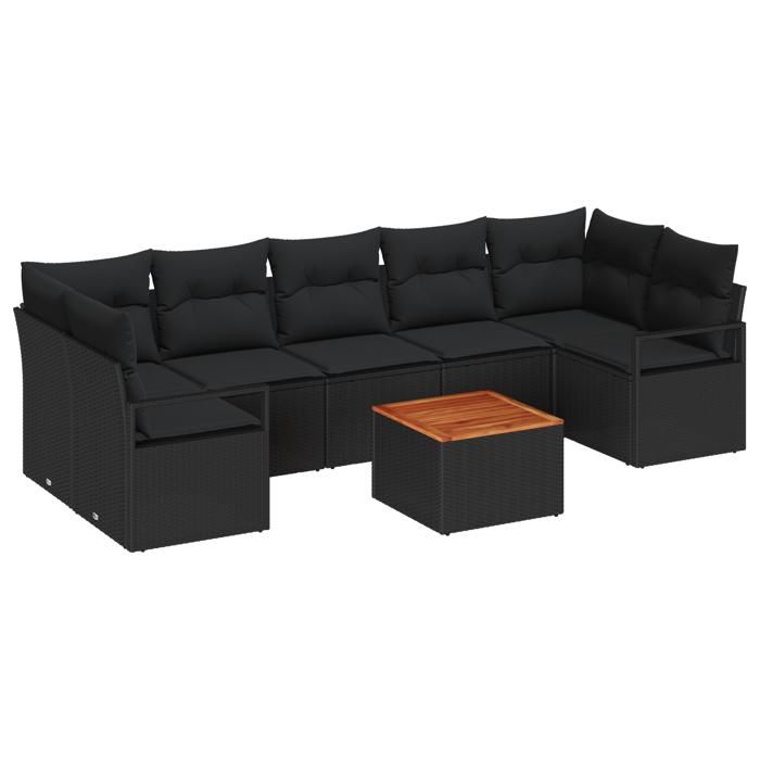 Set de Canapés Jardin 8 Pièces avec Coussins Noir en Rattan Poly Acacia, Canapé Jardin 2 Places avec Coussins Noir en Rattan 3347674