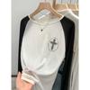 Women's Retro Color Block Crew Neck Long Sleeve Cross Print T-shirt for Autumn/Winter