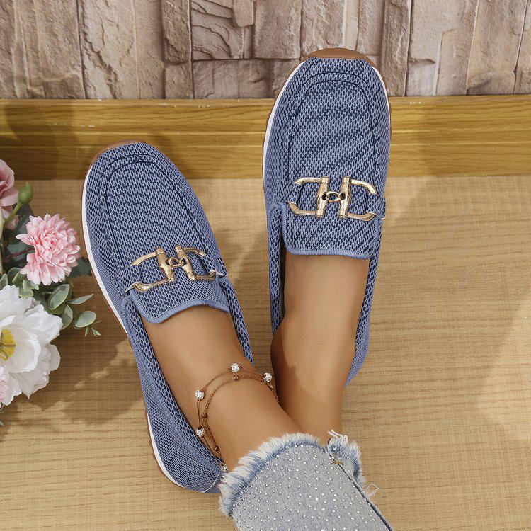 

Европейские и американские женские туфли большого размера на весну 2025 года, повседневные слипоны - круглый носок с металлической пряжкой 38 синий