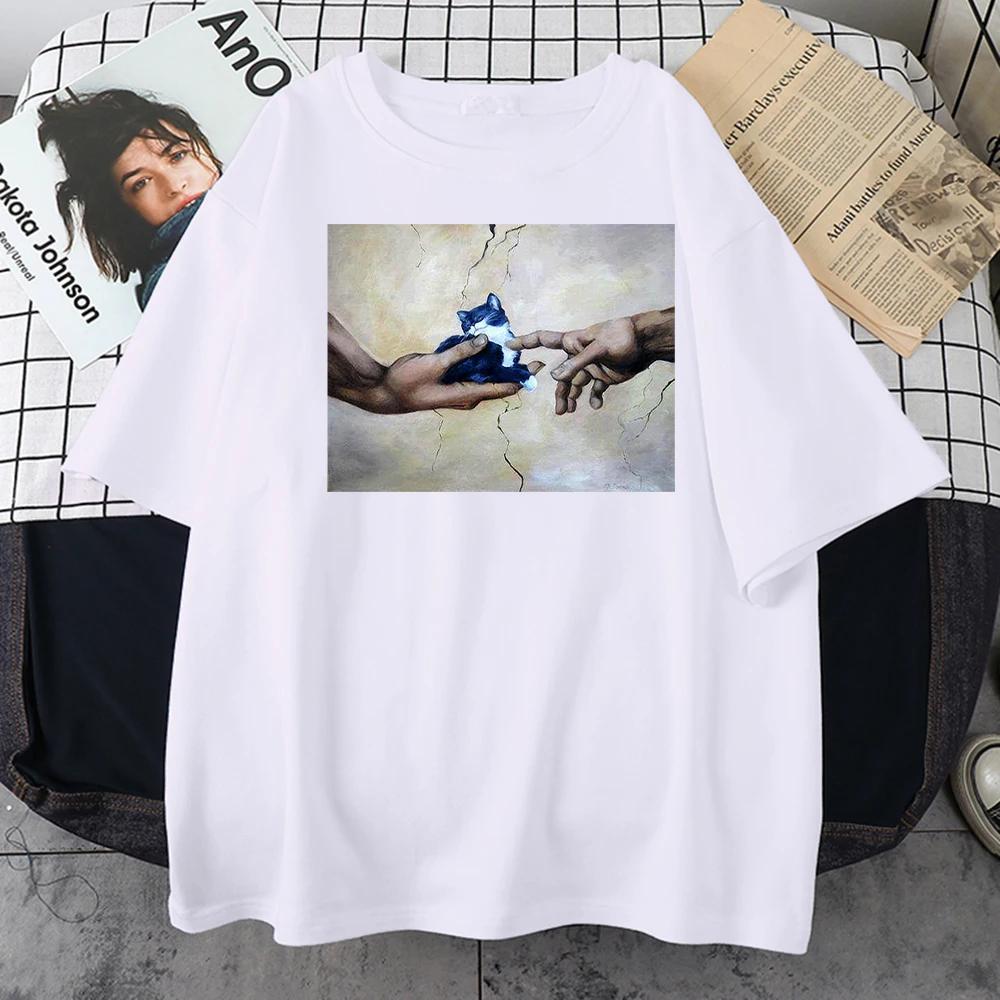 

Round Neck Casual Short Sleeve Vintage Top TShirt Handheld Cute Cat Print Womens TShirt Personalized Casual Aesthetic Clothes S
