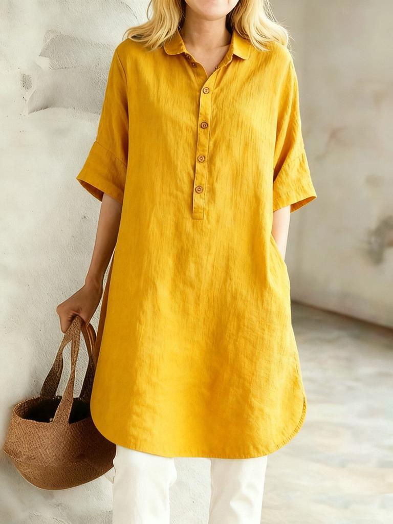 Vestido Casual de Algodón y Lino con Cuello Polo para Verano 2026 Estilo Holgado para Mujer