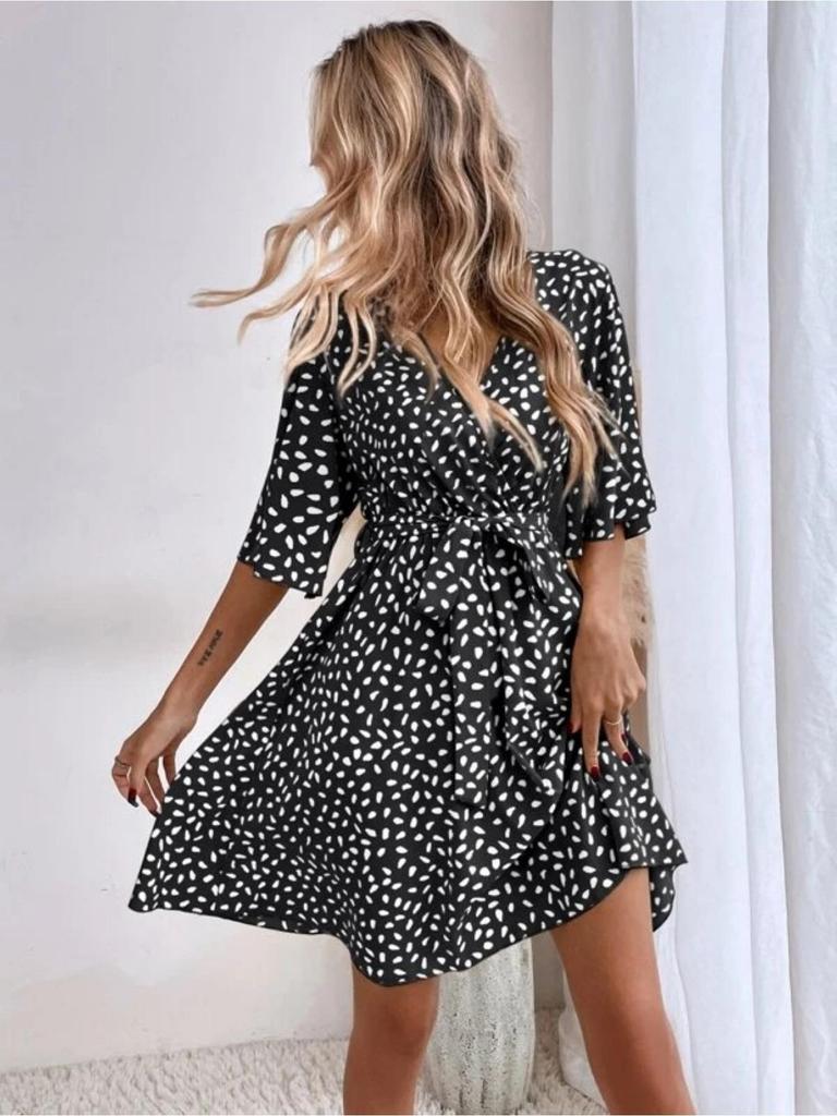 V Neck Printingt Dress Waist Hugging Dress Elegant Short Sleeve Dresses Causal Women Dress