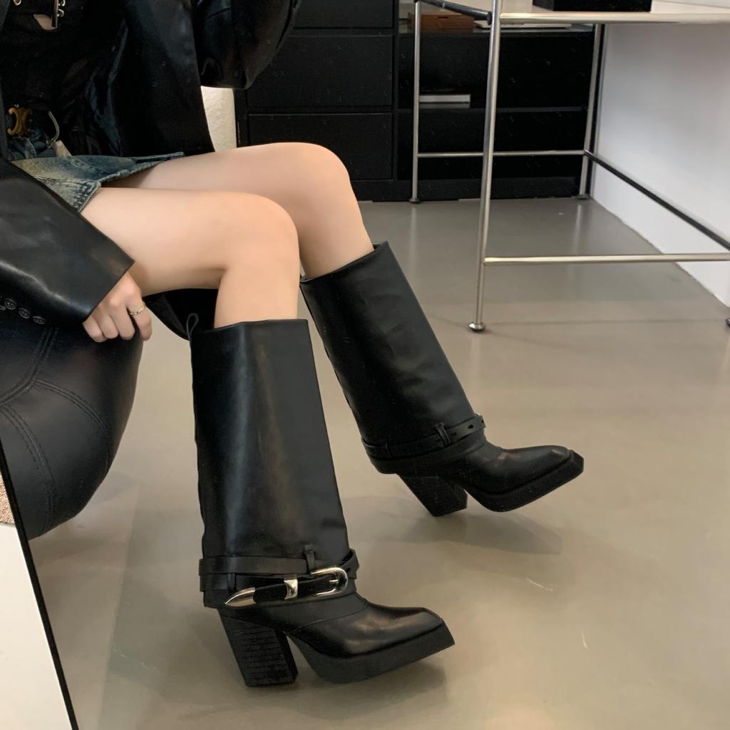 European and American retro western cowboy thick heel black long boots niche Spice girl square head boots belt buckle pants boots