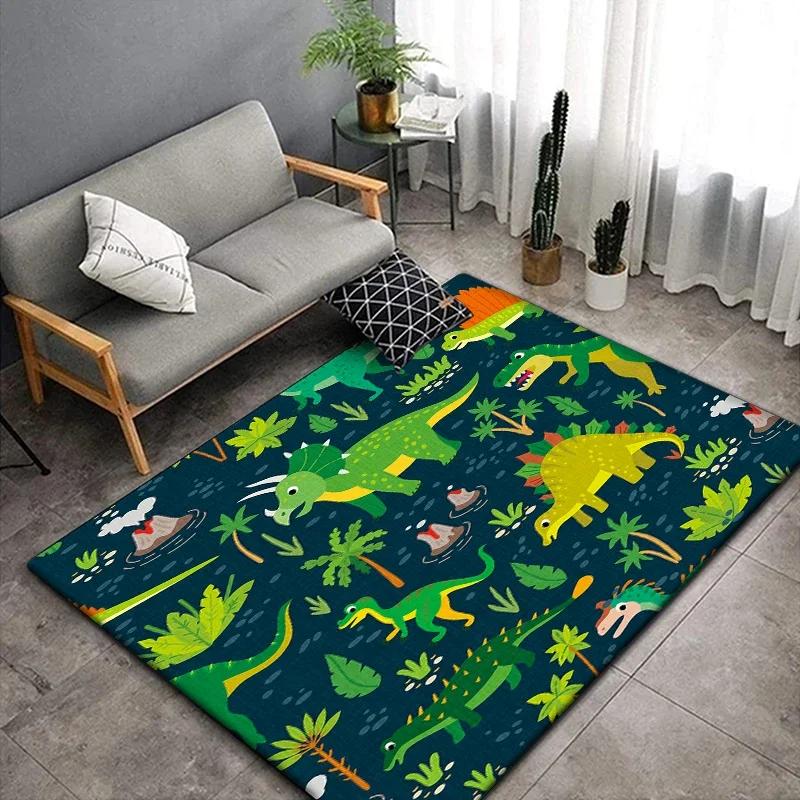 1 pieza Alfombra linda con estampado de dinosaurio de dibujos animados para sala de estar, dormitorio, alfombra para gatear para niños resistente a las arrugas, alfombra de suelo antideslizante