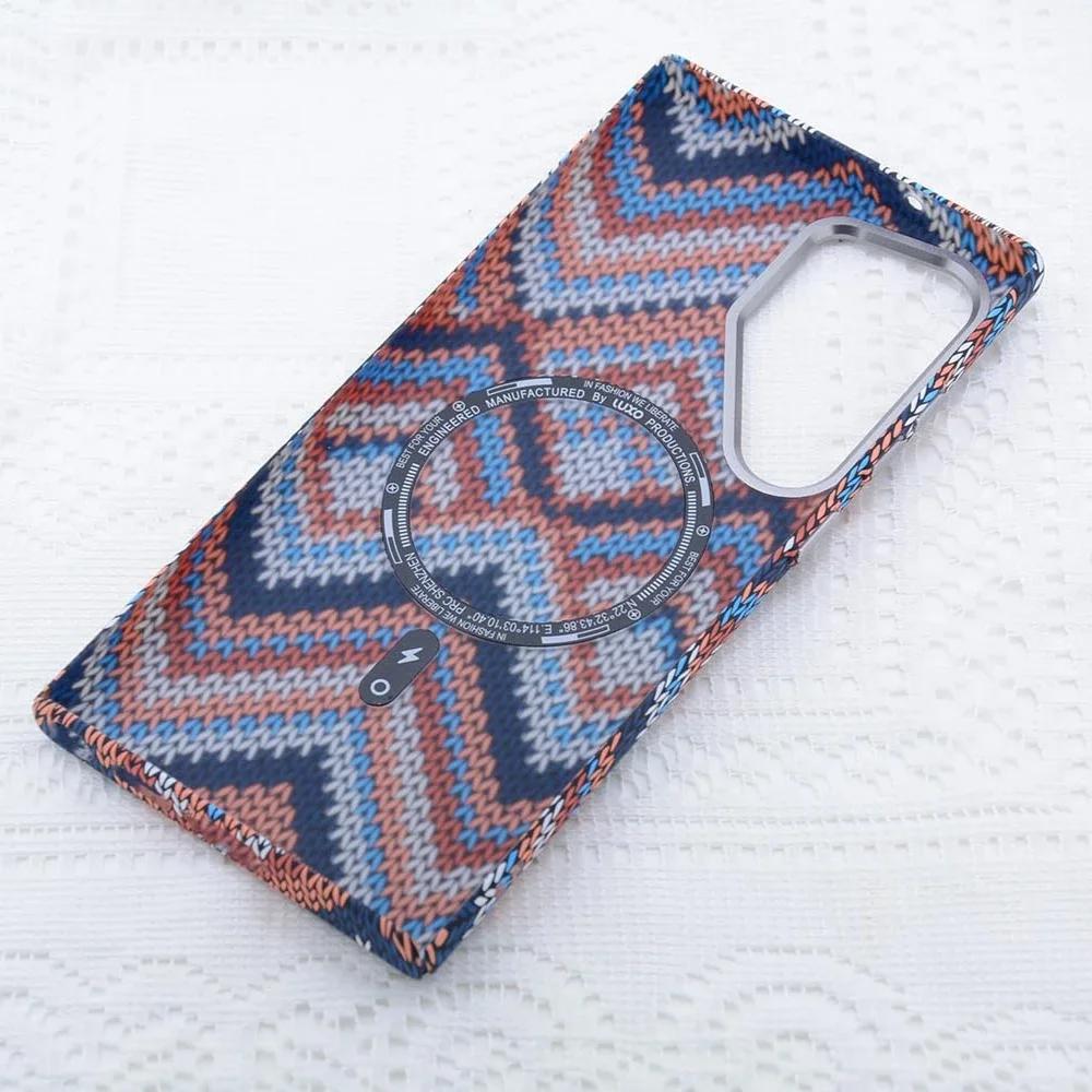 Kevlar Carbon Fiber Texture Magnetic Case For Samsung Galaxy S25 S24 S23 Ultra Plus Shockproof Shell Alloy Camera Lens Cover