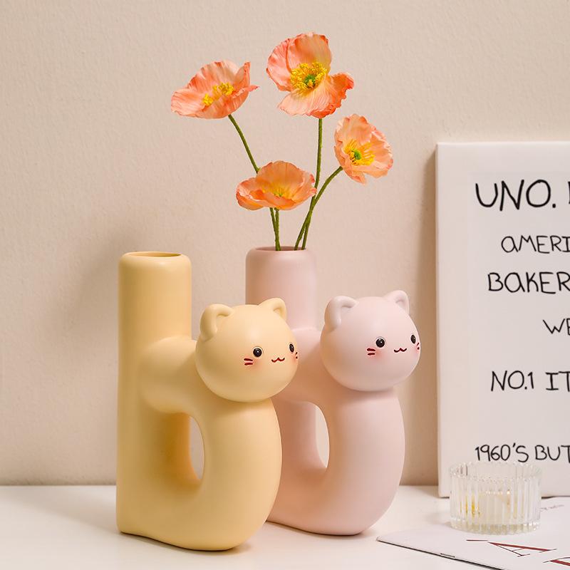 Cute Cat Letter Vase OrnamentTubular Cat Vase Craft Ornament Vase Cat Art