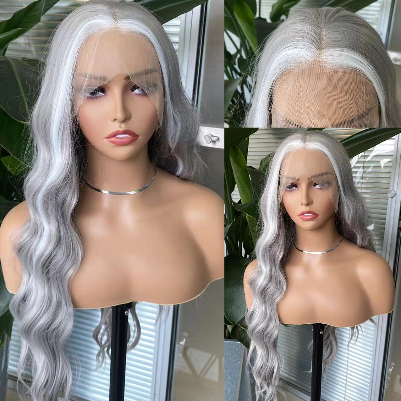 

AIMEYA Light Grey Lace Front Wig White Highlights for Women Girls Long Body Wave Heat Resistant Synthetic Lace Wigs Daily Use (as the picture,18inches&Lace Front)