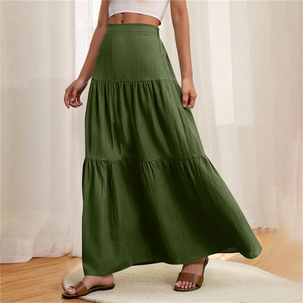 Women Summer Maxi Skirt Boho Ruffle Tiered Elastic High Waist Flowy Casual A-line Long Skirts