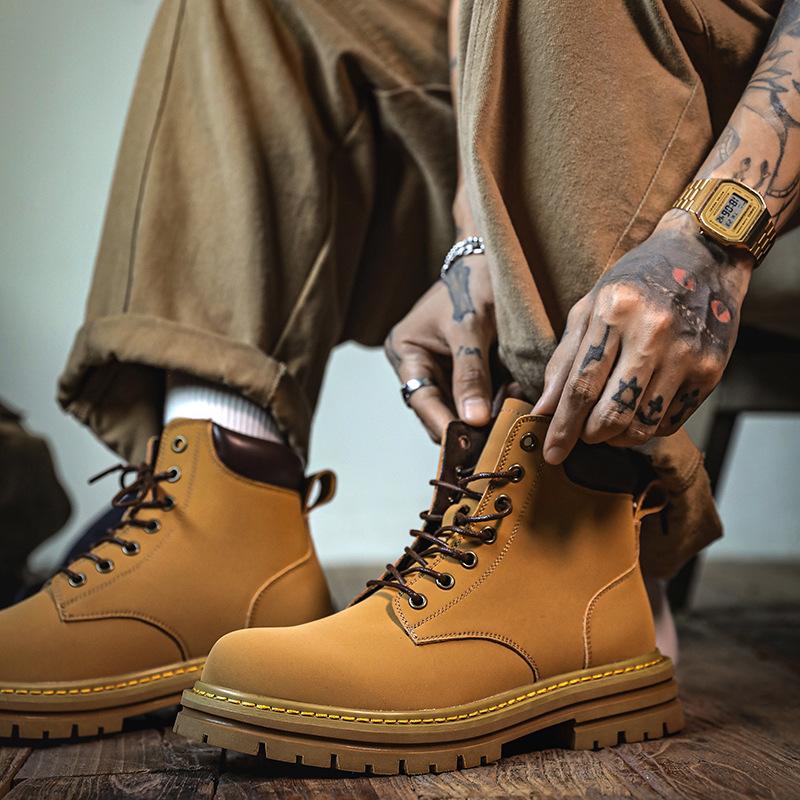 Leder Martin Stiefel Herren und Damen Paar Stiefel Retro Britischer Stil Kick Nicht Verrottet Dicksohlige Große Gelbe Stiefel