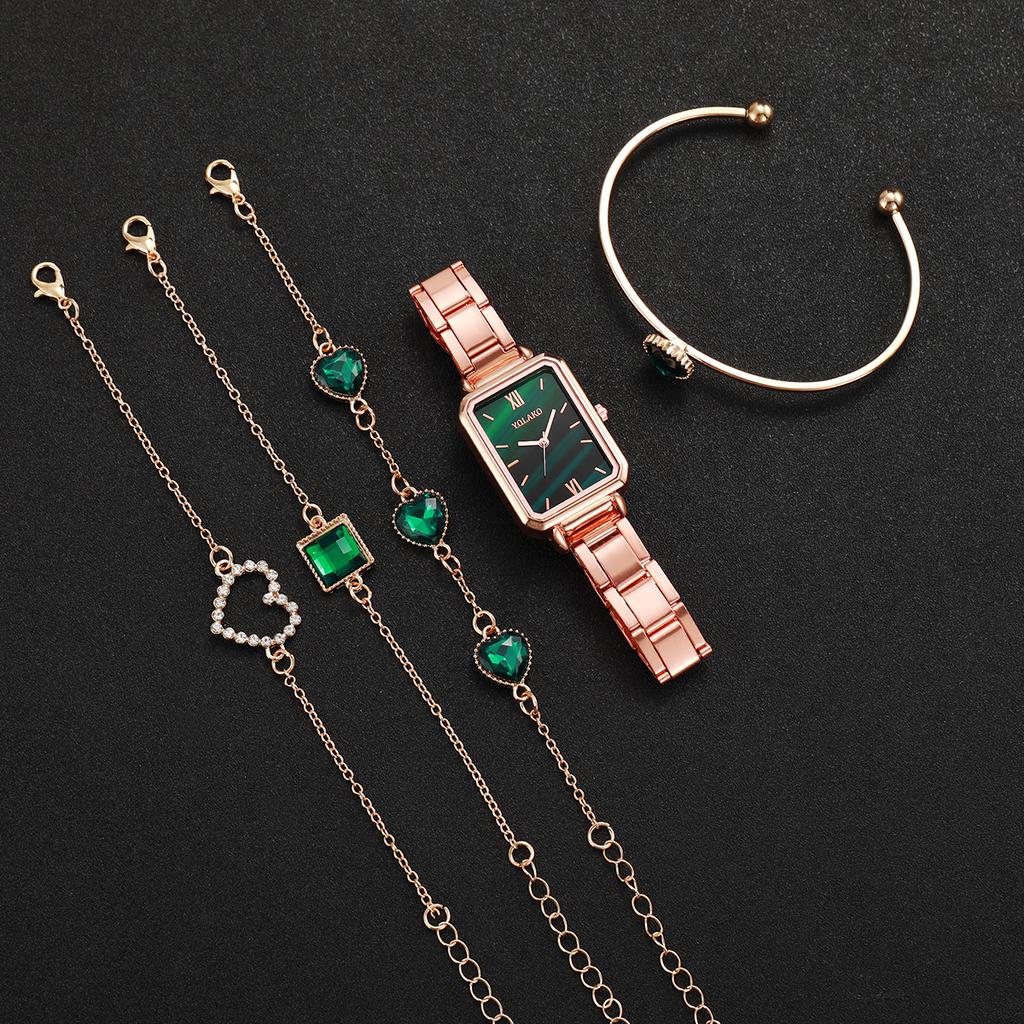5PCs/Set Classic Women's Watch Set Fashion Stainless Steel Rectangular Dial Green Watch Bracelet Set