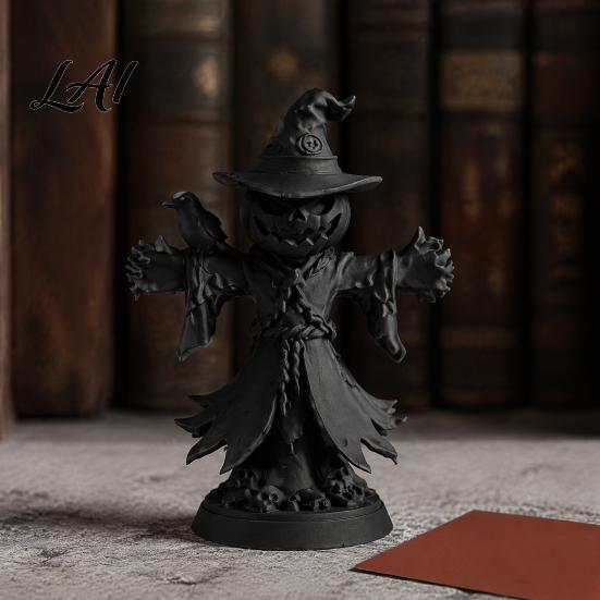 Matte Black Resin Statue Pumpkin Scarecrow with Crow Figurine 3D Printed Gothic Dark Witch Home Decor Hat Jack-o'-Lantern Statue Halloween