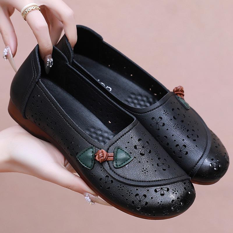 Shoes Summer Middle-aged Sandals Women's Soft-soled Elderly Hollowed-out Hole-hole Single Shoes Beef Tendon Sole Breathable Middle-aged Leather Shoes