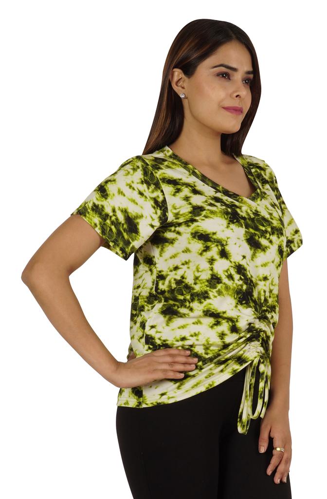 Moomaya Tie Dye Short Sleeve Ruching Tops For Women V-Neck Casual Jersey Tee