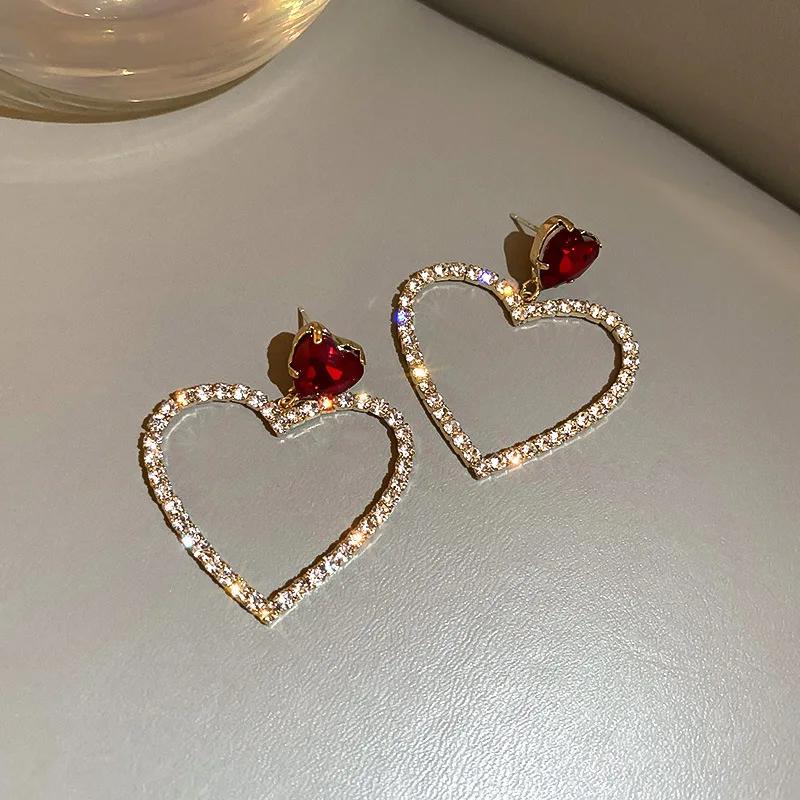 

Luxury Full of Zircon Hollow Big Heart Drop Dangle Earrings for Women New Exquisite Red Crystal Korean Stud Earring Zircon Gift червоний
