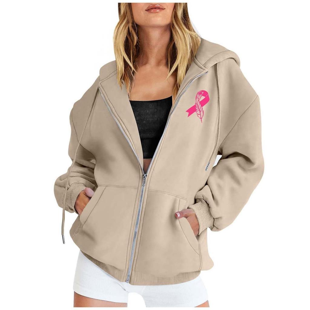 Women's Breast Sweatshirt Ribbon Breast Long Sleeve Hooded Pocket Casual Sweatshirt Jacket