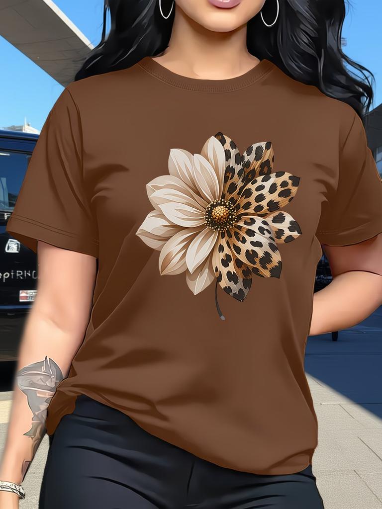 Women's Leopard Flower Print T-shirt | Crew Neck | Leisure Travel Outfit