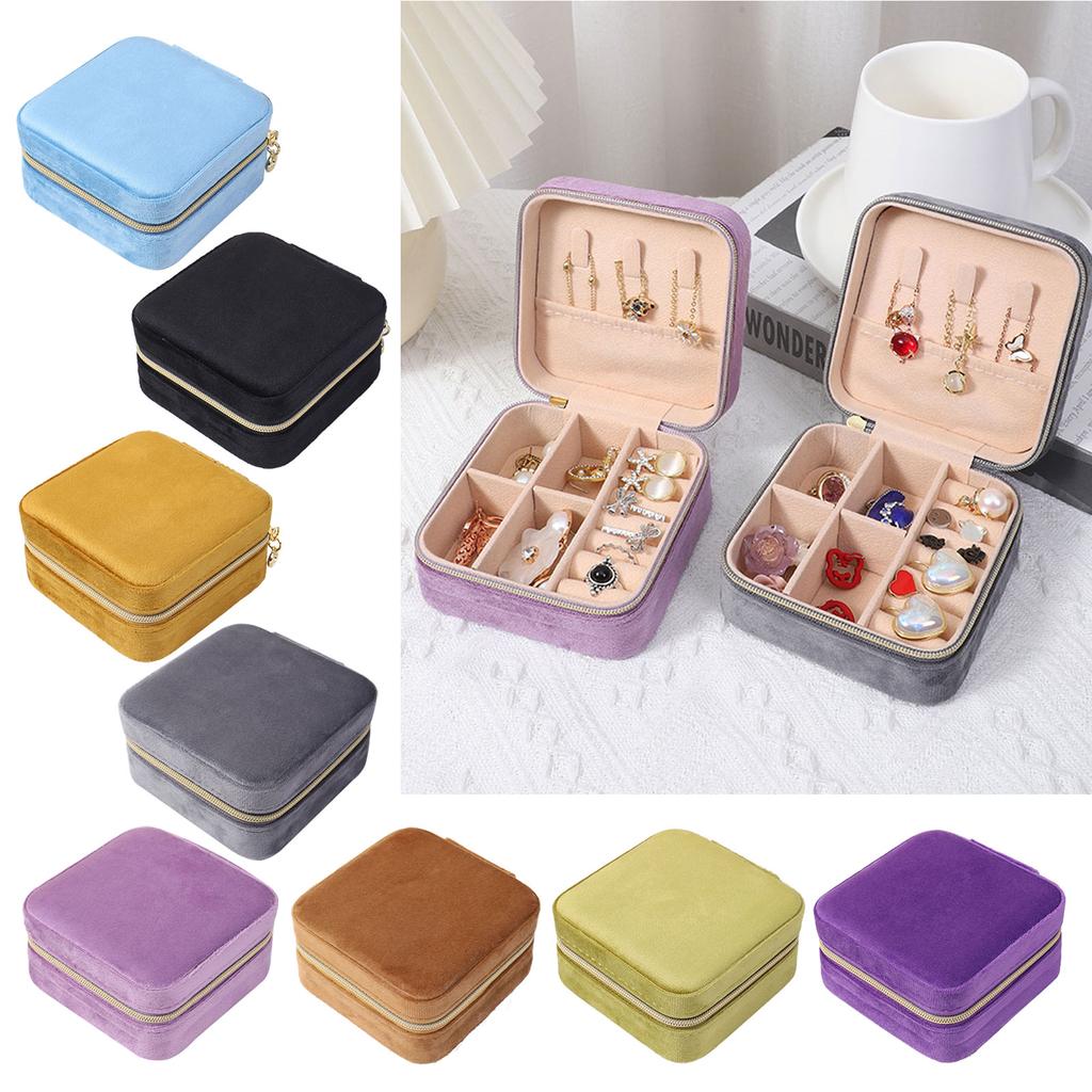 Zipper Jewelry Box Velvet- Jewelry Rings Earrings Organizer Square Storage Cases