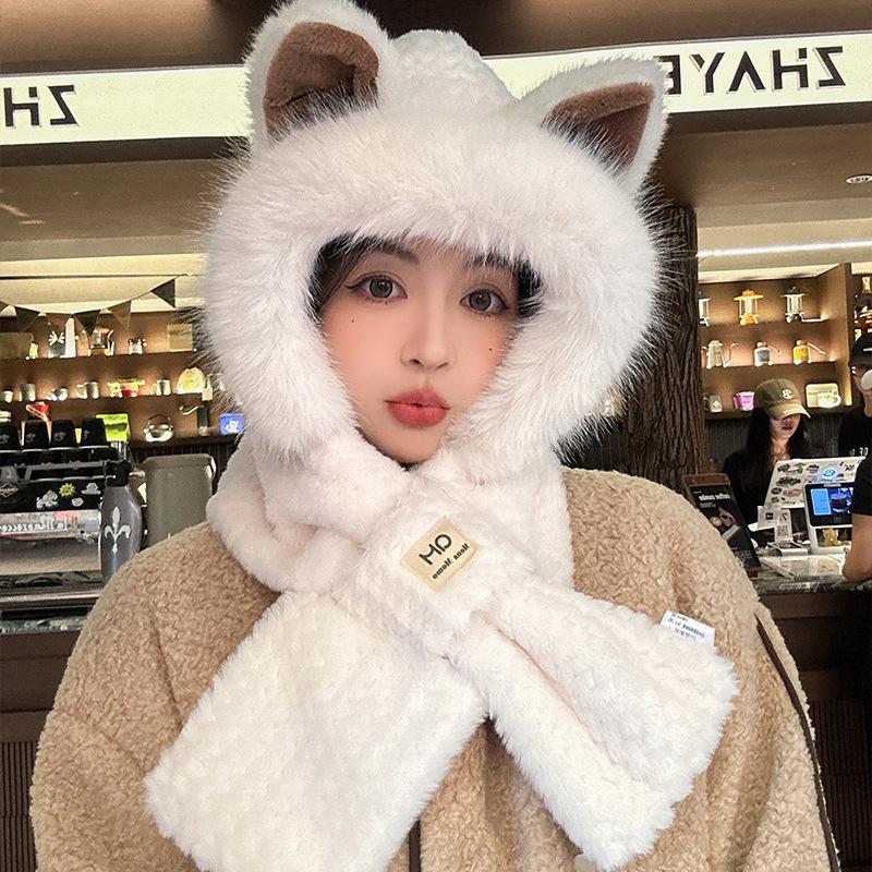 Women's Winter Plush Fox Hat & Scarf Combo - Warm, Trendy, and Versatile Hooded Design