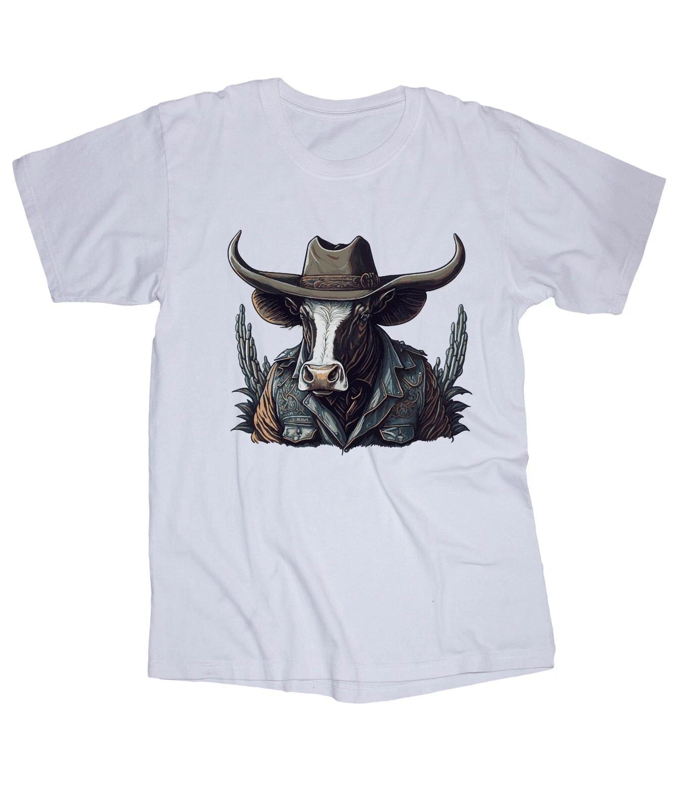 

LONGHORN with Cowboy hat white T-shirt Ranch Bull Western Country Farm Freedom L