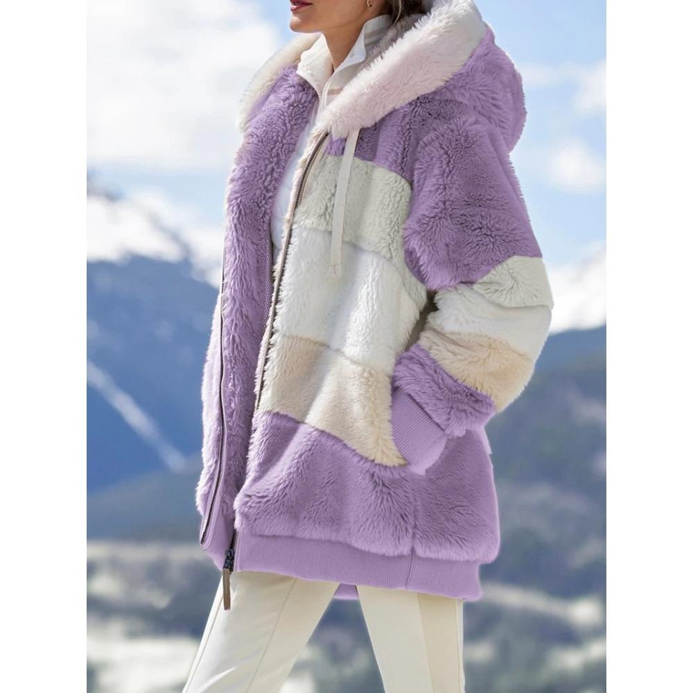 Damen Mehrfarbiger Flauschiger Kapuzenmantel, Lockere Warme Plüschjacke für Herbst Winter