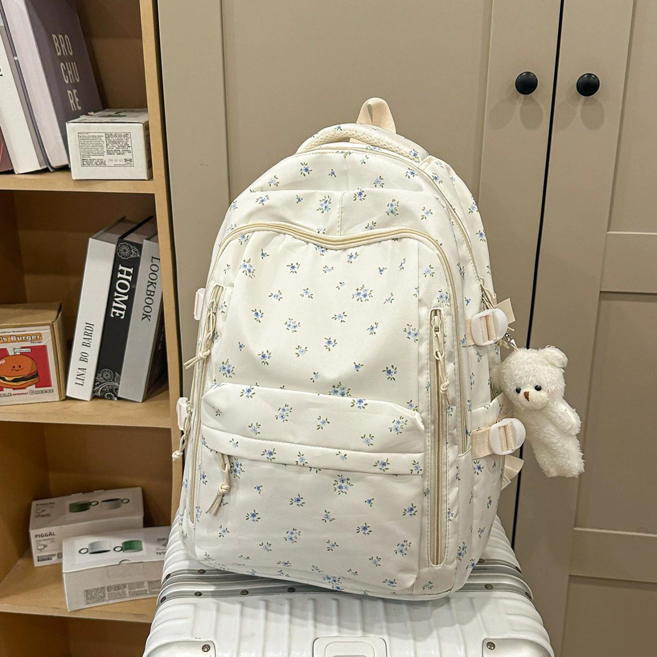 Women Printed Backpack, Large Capacity Casual Daypack with Zipper Closure  & Cute Pendant, Lightweight Fashion Versatile Shoulder Bag