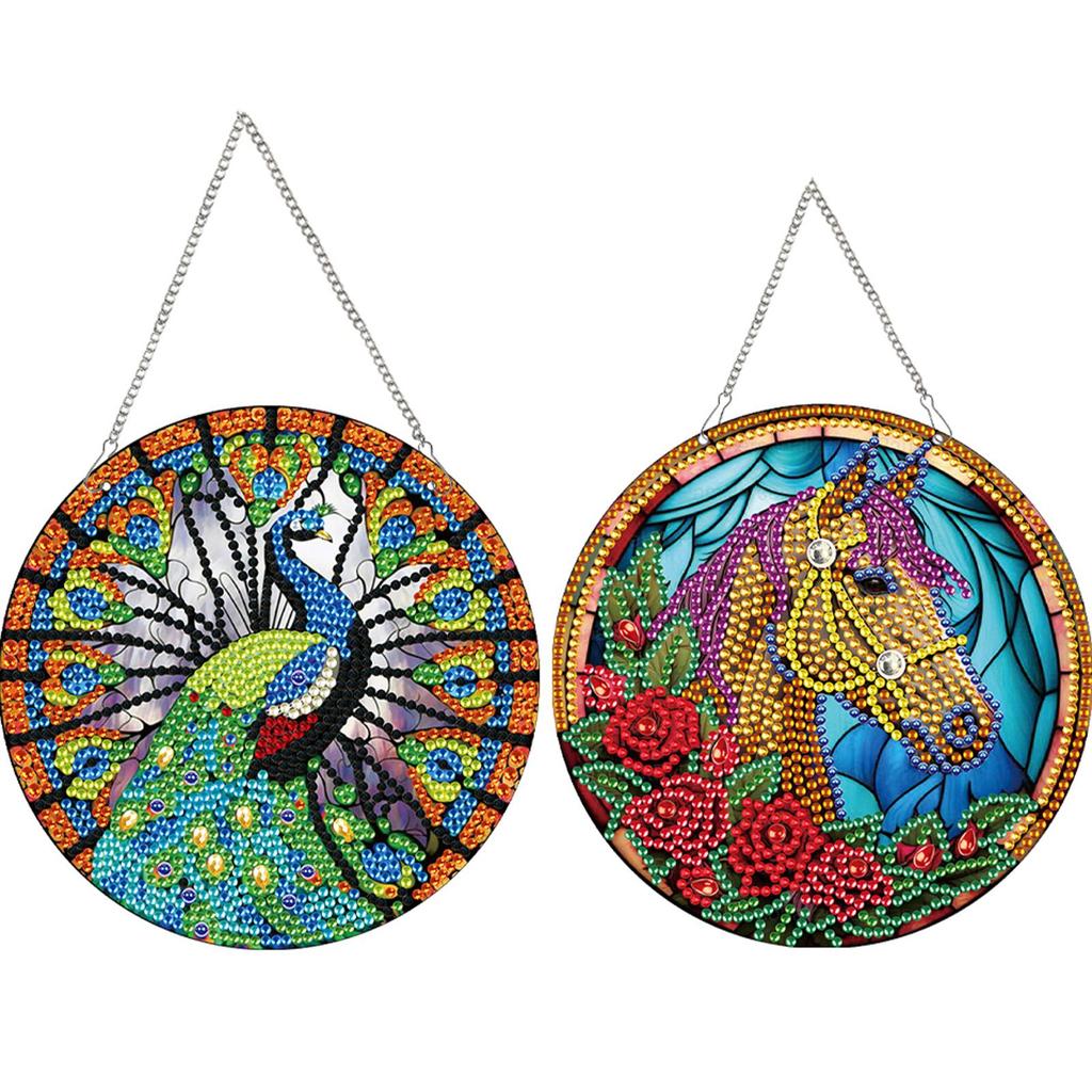 2Pcs Animal Theme 2D Flat DIY Hanging Diamond Art Kits Rhinestone Diamond Art Window Pendants Window Hanging Art for Home Decor