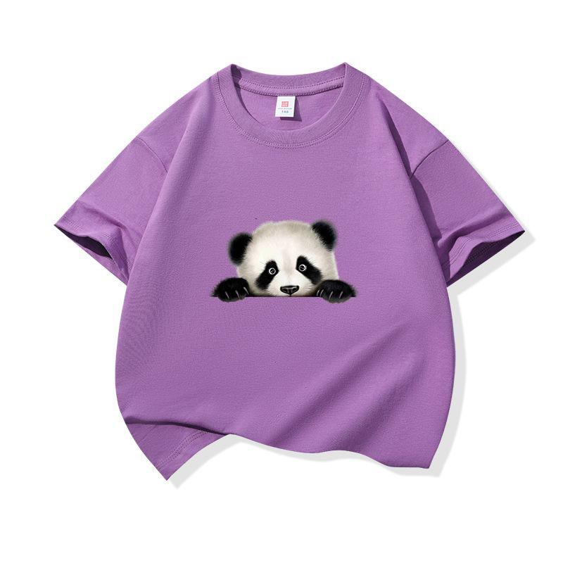 Kids Cotton T Shirt Cute Peeking Panda Print Crew Neck Short Sleeve Tee Casual Breathable Boys Girls Summer Tops
