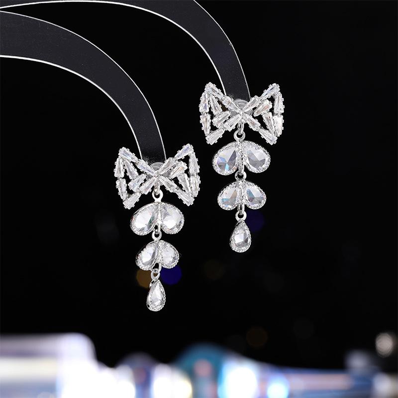 

Супер фея бант циркон серьги гвоздики женские серебряные иглы s925 длинные кисточки милые модные серьги