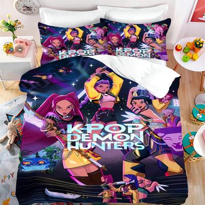 Conjunto de Roupa de Cama K-Pop Tema Caçadores de Demônios Estampa Colorida Poliéster Lençol para Dormitório Estudantil Capa de Edredom Presente para Criança Têxtil para Casa