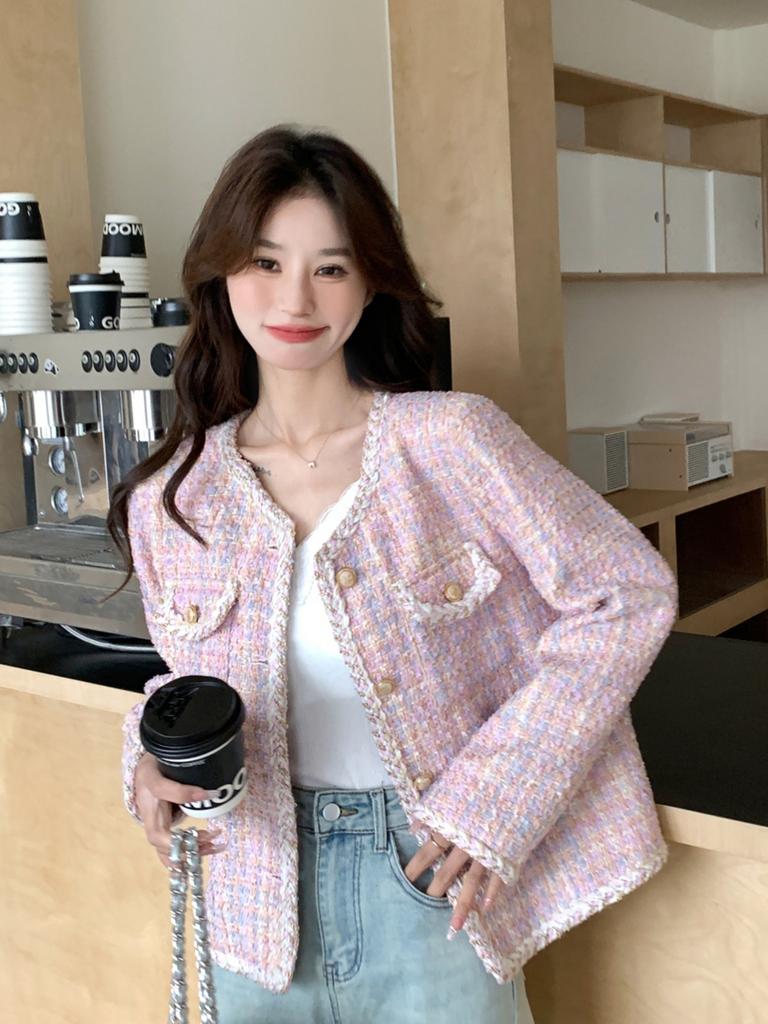Pink Xiaoxiangfeng Jacket, Spring and Autumn Women's New Korean Sweet Celebrity Style Age-reducing Tweed Short Top