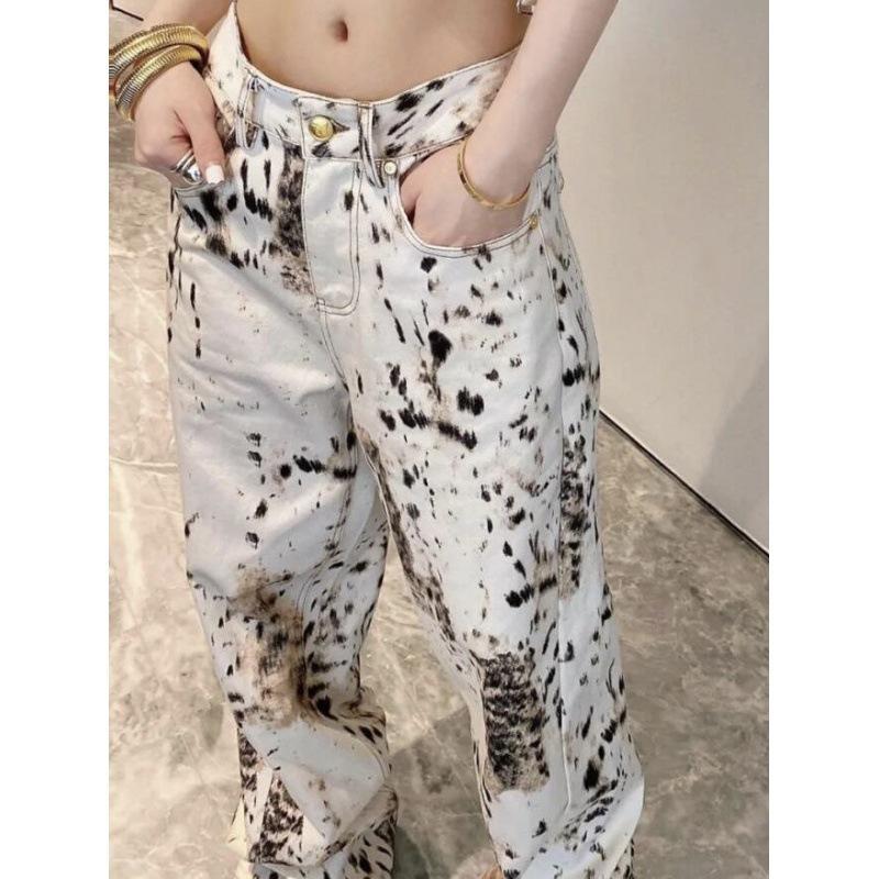 JYL Women's Leopard Print Jeans High-Street Vintage Vibe Loose High-Waist Denim
