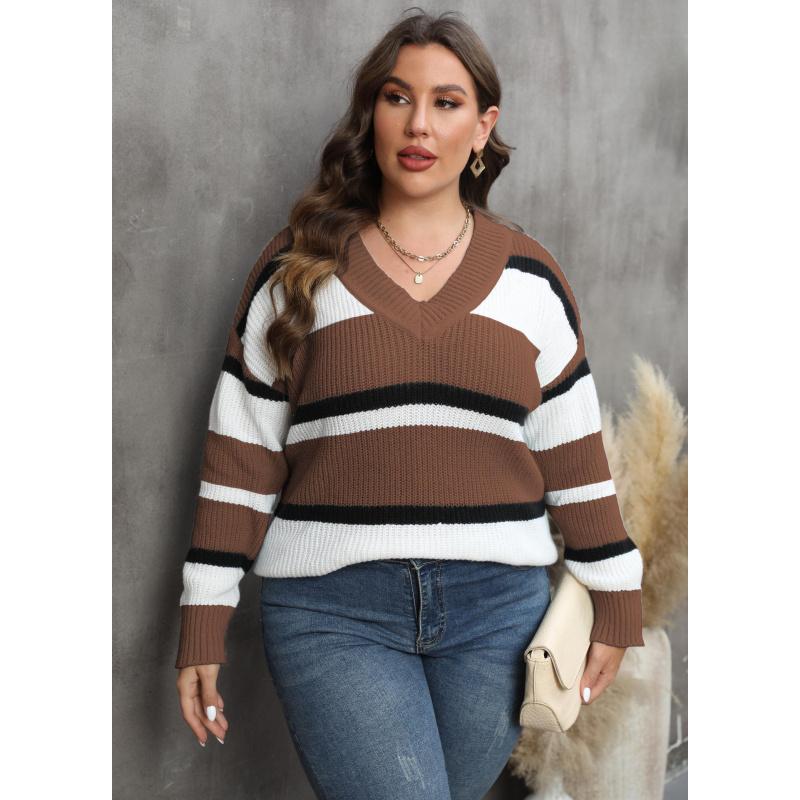 Women's Pullover Sweater Plus Size Women's Fashion European and American Style Autumn Winter New V-neck Color Block Fashion Sweater
