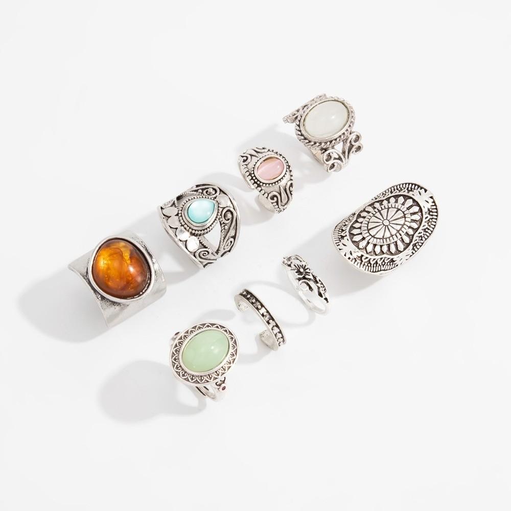 8Pcs/Set Carved Wide Band Stackable Rings Antique Silver Tone Carved Pattern Rings  Daily Match