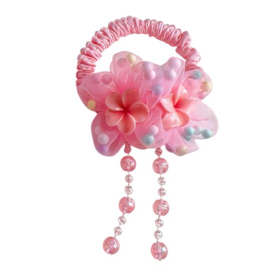 Hair Tie Soft Organza Flower Shape Hair Rope with Plush Tassels Imitation Pearls Decor High Elastic Band Bun Holder Hair Accessories