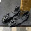 Fashion High Quality Leather Slingback Buckle Design Flat Sandals Women Camellia Decoration Mary Jane Shoes Cute Hollow Low Heel Flats