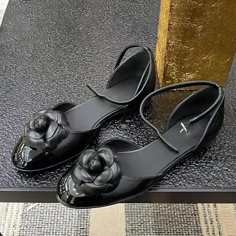 Fashion High Quality Leather Slingback Buckle Design Flat Sandals Women Camellia Decoration Mary Jane Shoes Cute Hollow Low Heel Flats