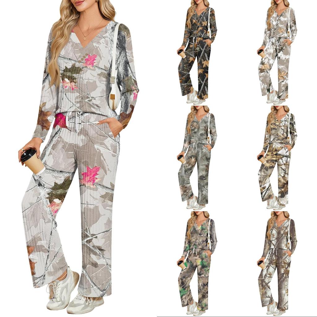 Women's Casual V-Neck Printed Long Sleeve Loungewear Set with Pockets
