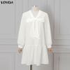 VONDA Elegant Women V Neck Long Sleeve Lace Bow Knot Ruffled Shirts Dress