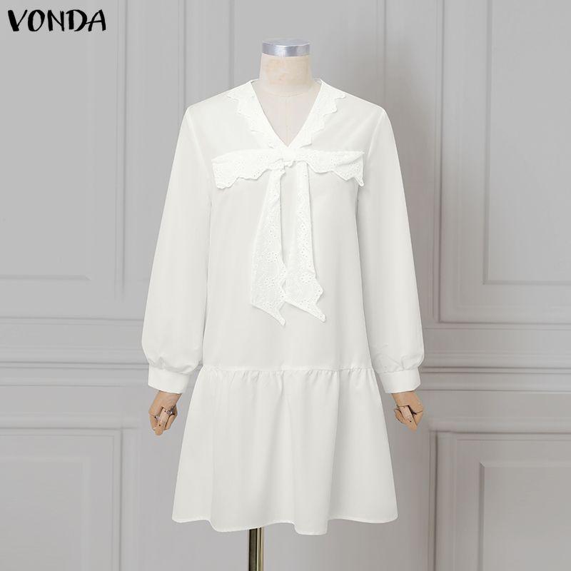 VONDA Elegant Women V Neck Long Sleeve Lace Bow Knot Ruffled Shirts Dress