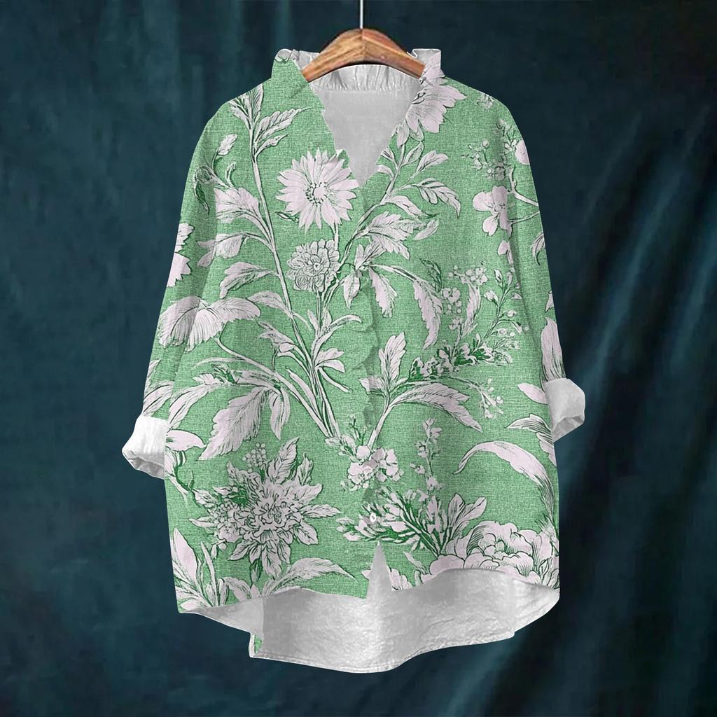 Women's Loose Ruffled Retro Floral Print Stand Collar Long Sleeve Cotton And Linen Top