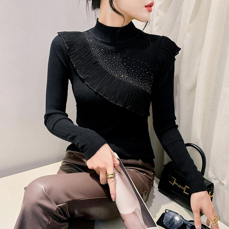 

Тяжелая промышленность Горячий бриллиант Половина дерева Шея Вязаная базовая рубашка для женщин Весенний дизайн Рюши Длинный рукав Свитер Топ XL чёрный