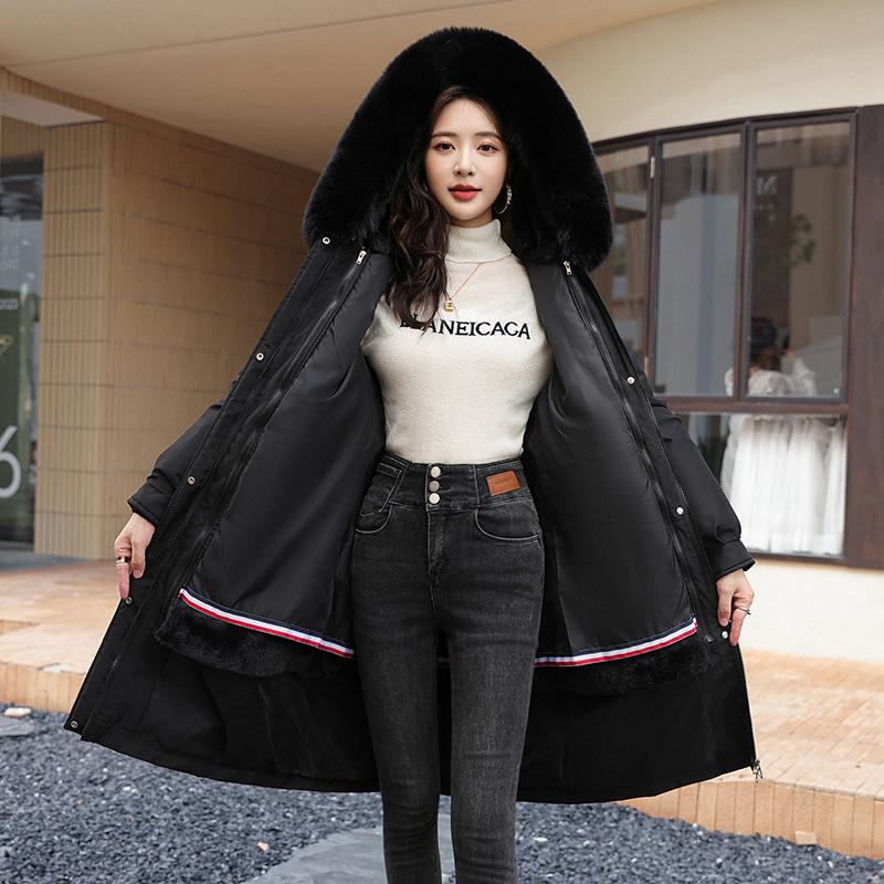 

Women s new fur collar with hood removable liner windproof lightweight thickened fluffy warm cold long casual sports jacket Parka cotton jacket M чорний