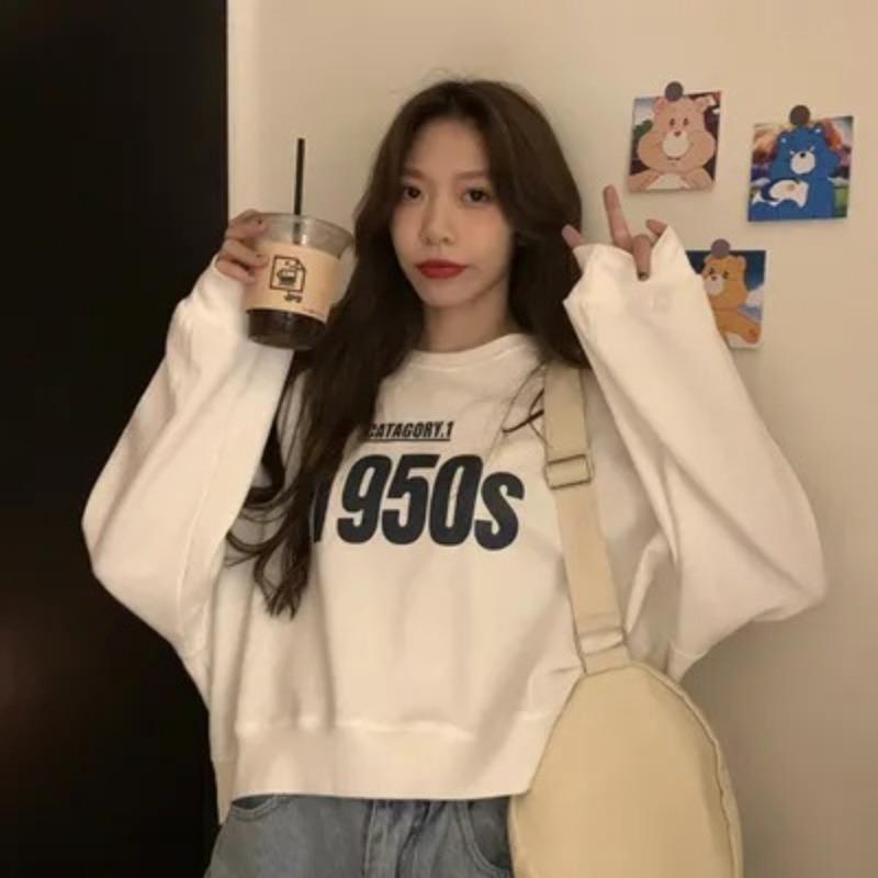 Ladies Loose Letter Printed Short Hoodie Autumn O-neck Long Sleeve Casual Sweatshirt