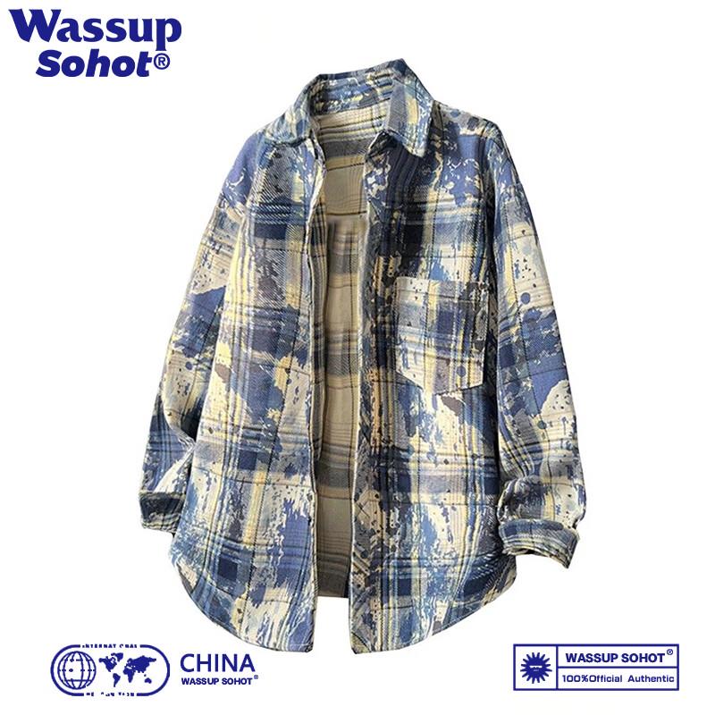

Wassup Sohot Men s Retro Tie-Dye Plaid Long Sleeve Shirt 2XL