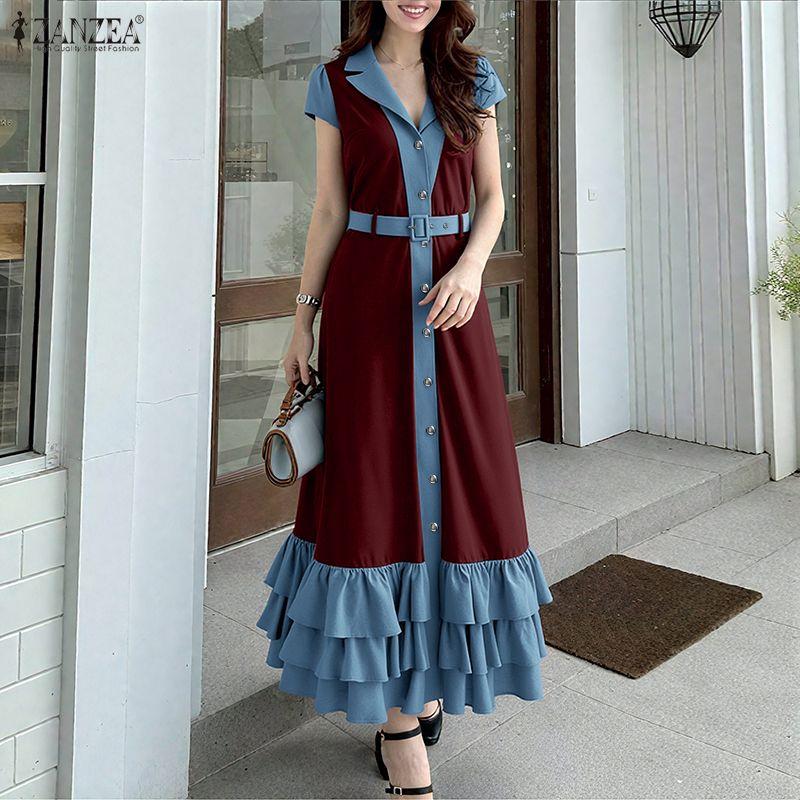 ZANZEA Damen Casual Umlegekragen Kurzarm Sommer Langes Kleid