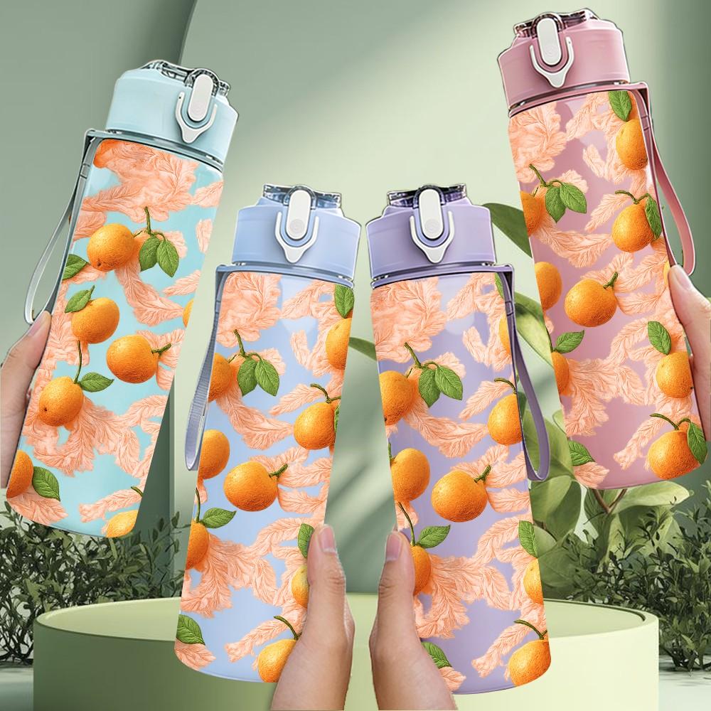 1PC Orange Citrus Fruit 750ml Color Plastic Sports Water Bottle Leakproof Flip Straw Lid Suitable for Sports Office Home Use